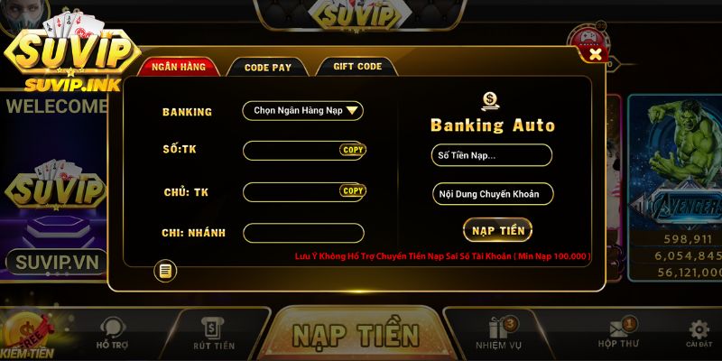 Giao diện nạp tiền tại suvip
