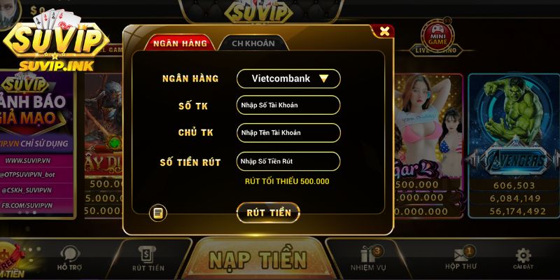 Giao diện rút tiền khi thắng game đổi thưởng suvip
